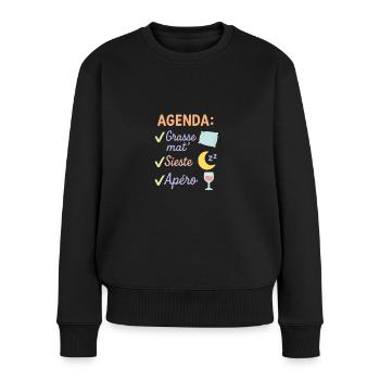 Humour retraite – Agenda parfait : grasse mat... - Pull Premium bio Femme - noir - Devant - Julia (174cm)