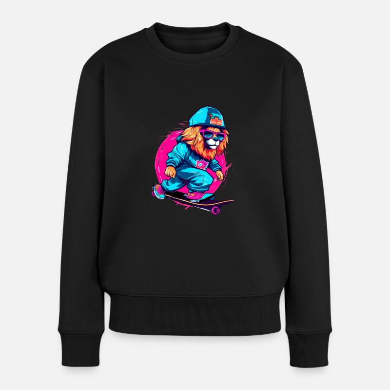 Lustiger Löwe auf Skateboard Skater Skateboarding - Frauen Premium Bio Pullover - Schwarz
