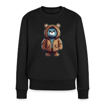 Cooler Teddy Bär mit Jacke - Frauen Premium Bio Pullover - Schwarz - Vorne - Julia (174cm)