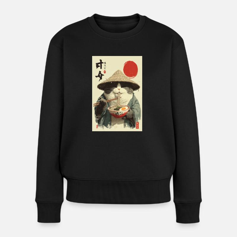 Chat samouraï mangeant des ramen - Pull Premium bio Femme - noir