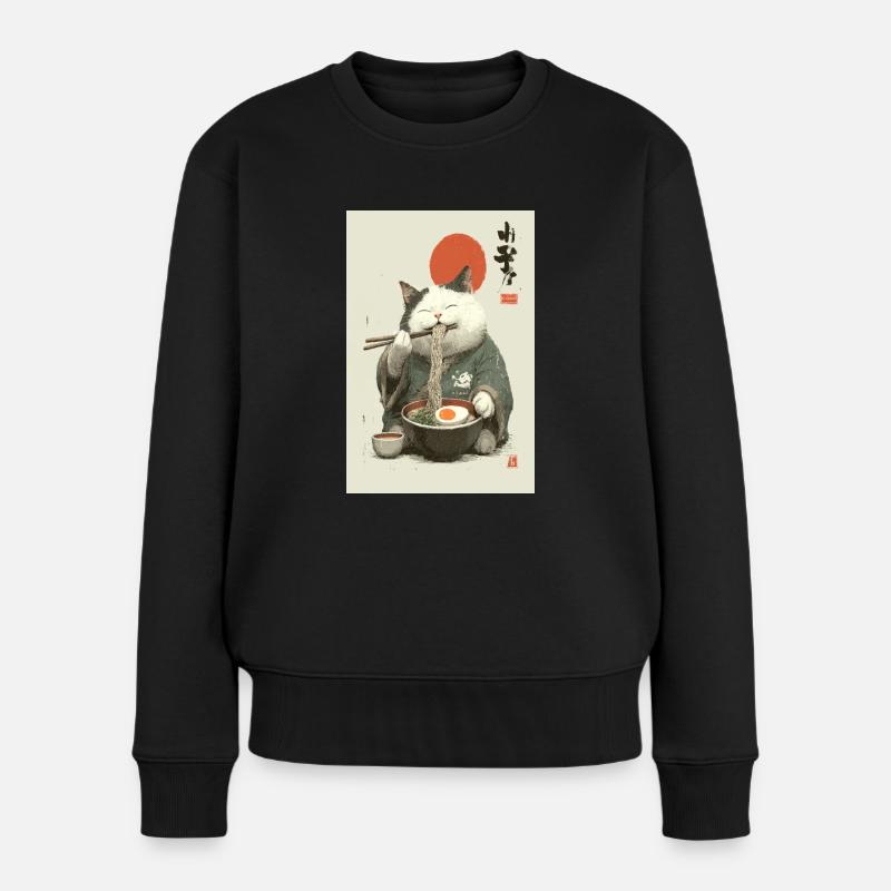 Chat samouraï sirotant des ramen - Pull Premium bio Femme - noir