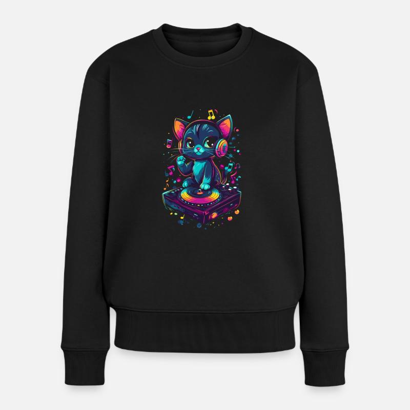 Süße Katze mit Kopfhörern und Vinyl Schallplatte - Frauen Premium Bio Pullover - Schwarz