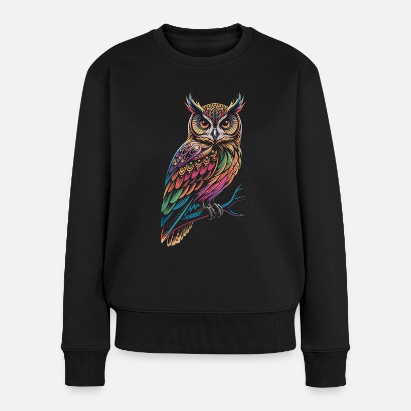 Bunte Eule – Mystisch & Farbig - Frauen Premium Bio Pullover - Schwarz
