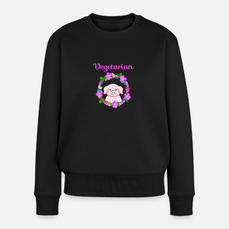 Vegetarian, cute pig design - Frauen Premium Bio Pullover - Schwarz