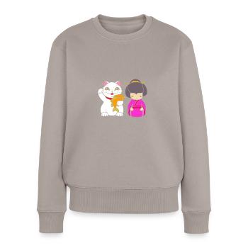 Maneki Neko Japan Glücksbringer - Frauen Premium Bio Pullover - Taupe - Vorne - Julia (174cm)