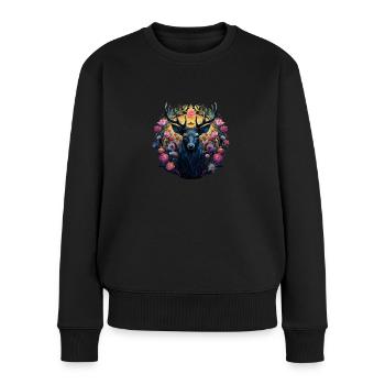 Hirsch Krafttier & Blumen, Trachtenshirt Dorffest - Frauen Premium Bio Pullover - Schwarz - Vorne - Julia (174cm)