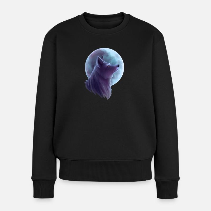 Wolf vor Silber Mond - Frauen Premium Bio Pullover - Schwarz