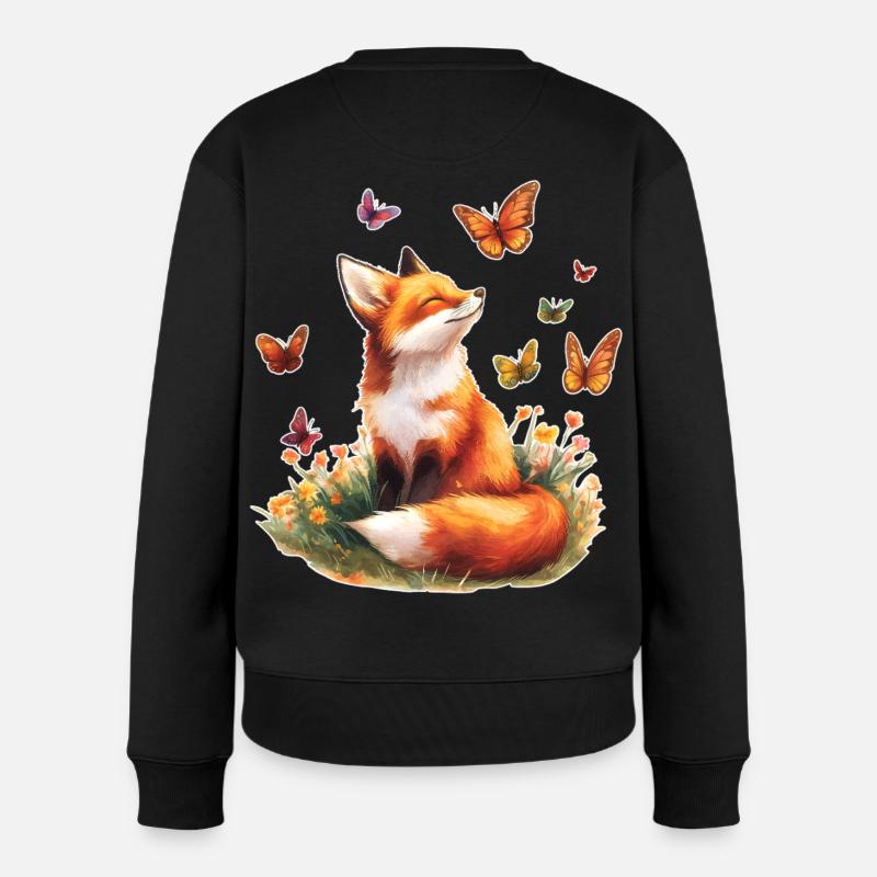 Fuchs mit Schmetterlingen - Frauen Premium Bio Pullover - Schwarz