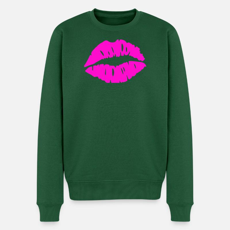 Kussmund Neon Pink Grafik - Männer Premium Bio Pullover - Flaschengrün
