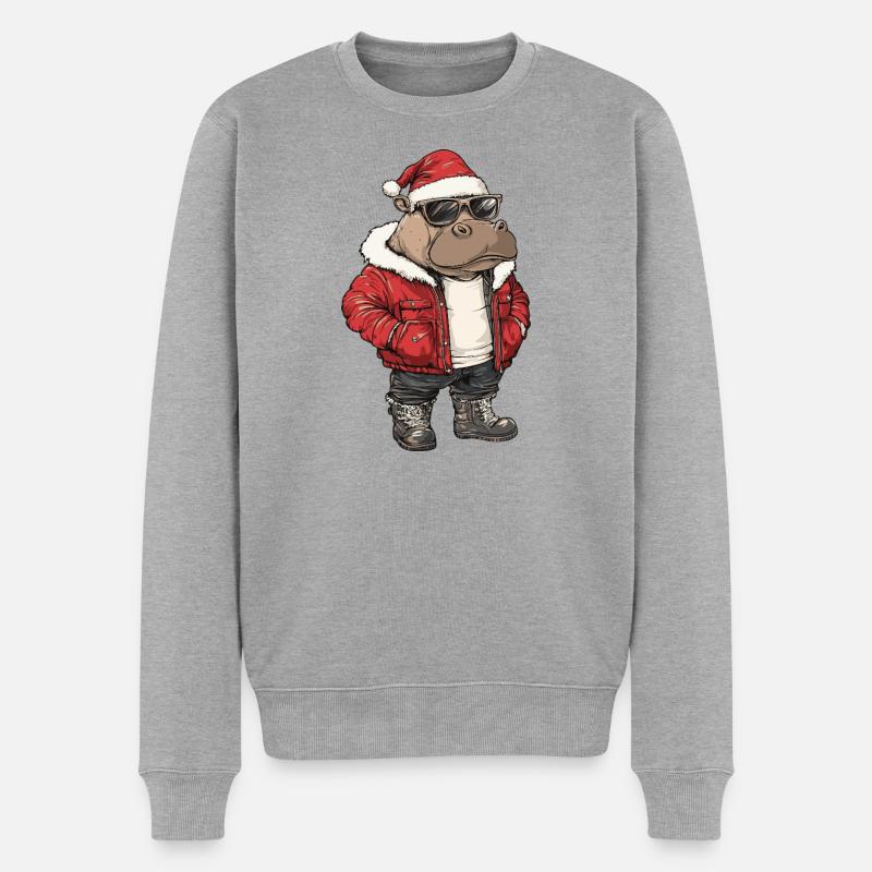 Nilpferd Weihnachten Winter - Männer Premium Bio Pullover - Grau meliert