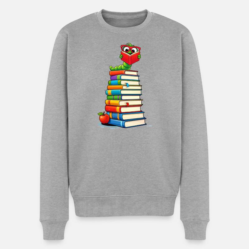 Schlauer Bücherwurm mit Brille - Männer Premium Bio Pullover - Grau meliert