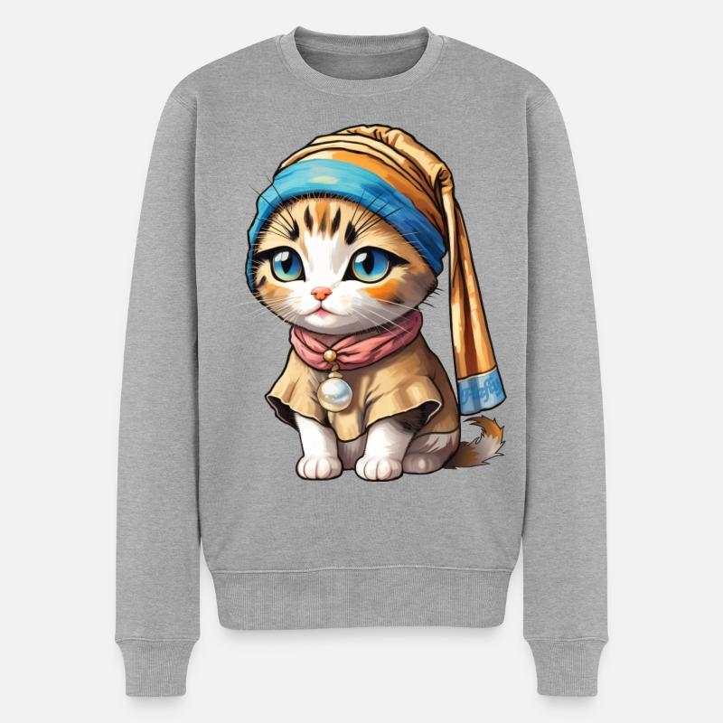 Kätzchen mit Perle - Männer Premium Bio Pullover - Grau meliert