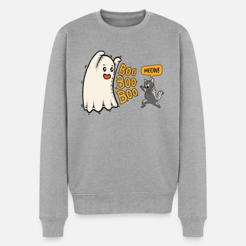 Buuh! Lustiger Halloween Geist mit kämpfender Katz - Männer Premium Bio Pullover - Grau meliert