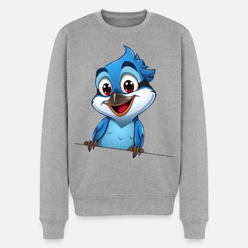 Verspielter blauer Vogel mit großen Augen - Männer Premium Bio Pullover - Grau meliert