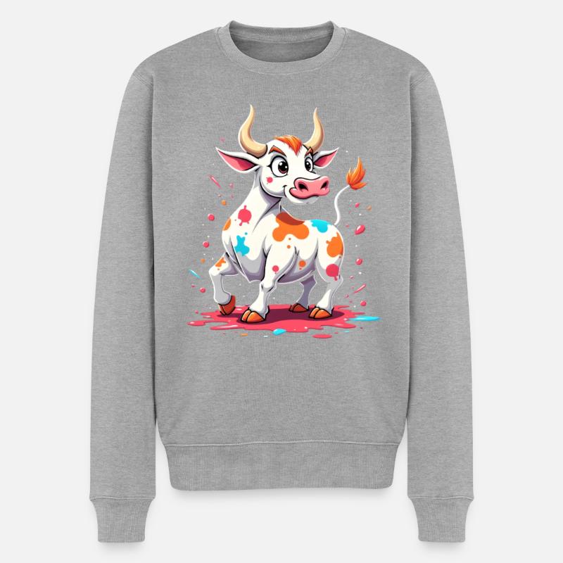 Farbiges Kuh-Motiv auf verspieltem Hintergrund - Männer Premium Bio Pullover - Grau meliert