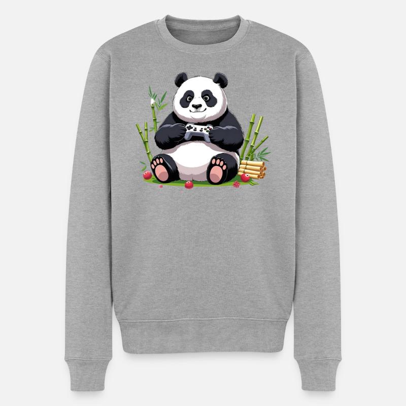 Niedlicher Panda mit Gaming-Controller - Männer Premium Bio Pullover - Grau meliert