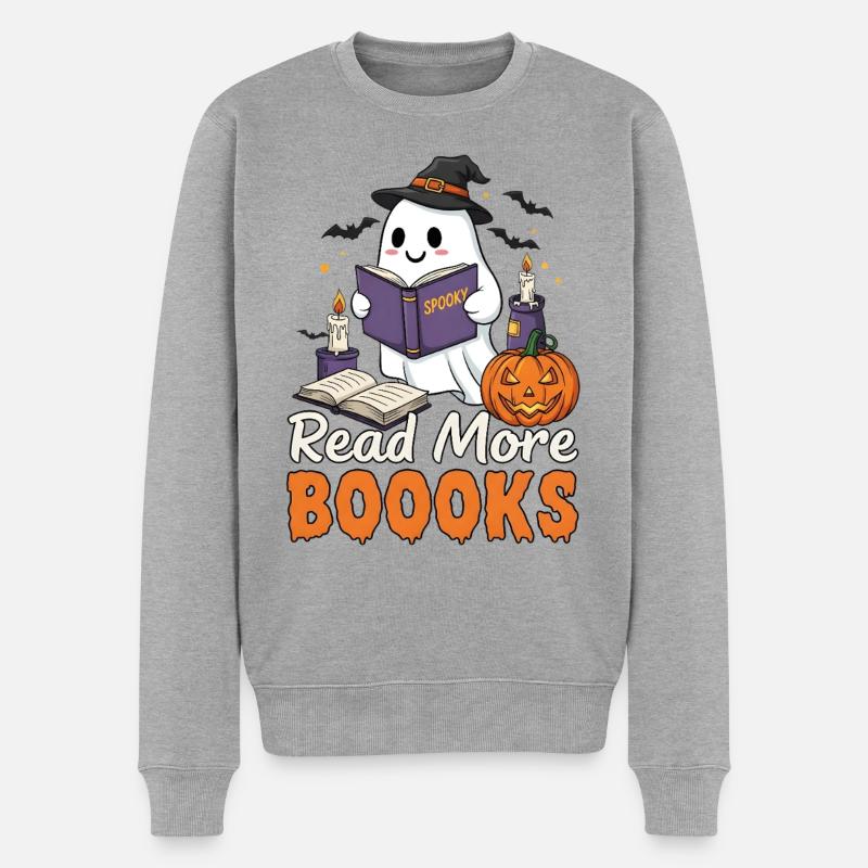 Ghost - Read More Boooks - Halloween - Männer Premium Bio Pullover - Grau meliert