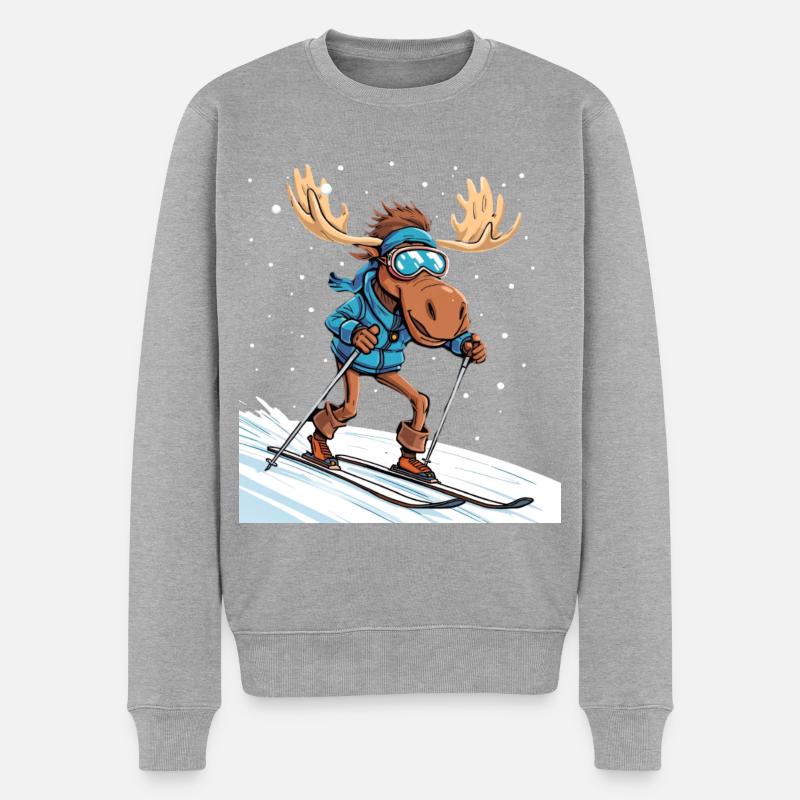 Elch Skifahrer im Schnee - Männer Premium Bio Pullover - Grau meliert