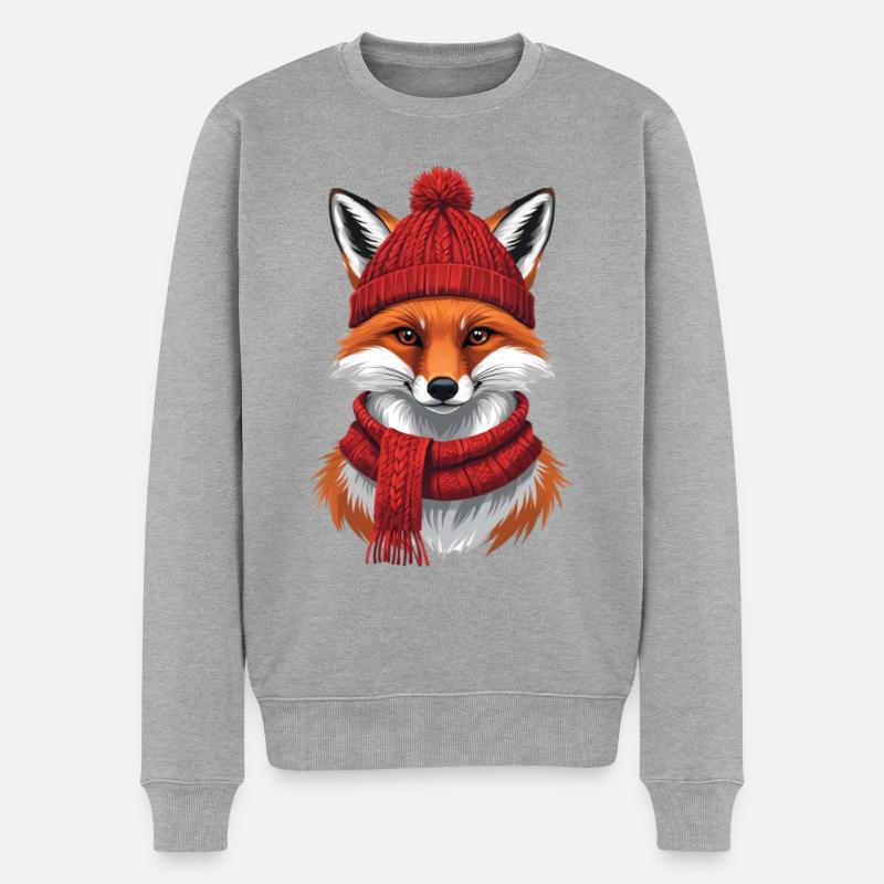 Winterrotfuchs mit Mütze und Schal - Männer Premium Bio Pullover - Grau meliert