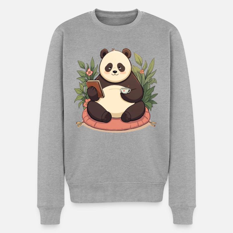 Panda beim Lesen mit Tee - Männer Premium Bio Pullover - Grau meliert