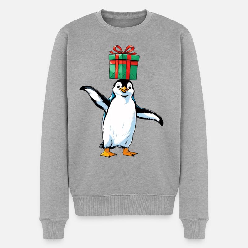 Pinguin mit Geschenk auf Kopf - Männer Premium Bio Pullover - Grau meliert