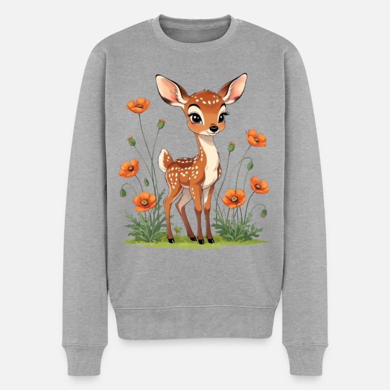 Hirschenfohlen im Mohnfeld - Männer Premium Bio Pullover - Grau meliert