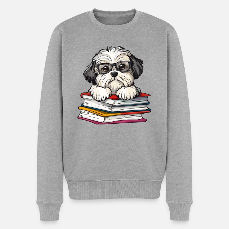 Süßes Havanesisches Hundelesebuch mit Brille - Männer Premium Bio Pullover - Grau meliert