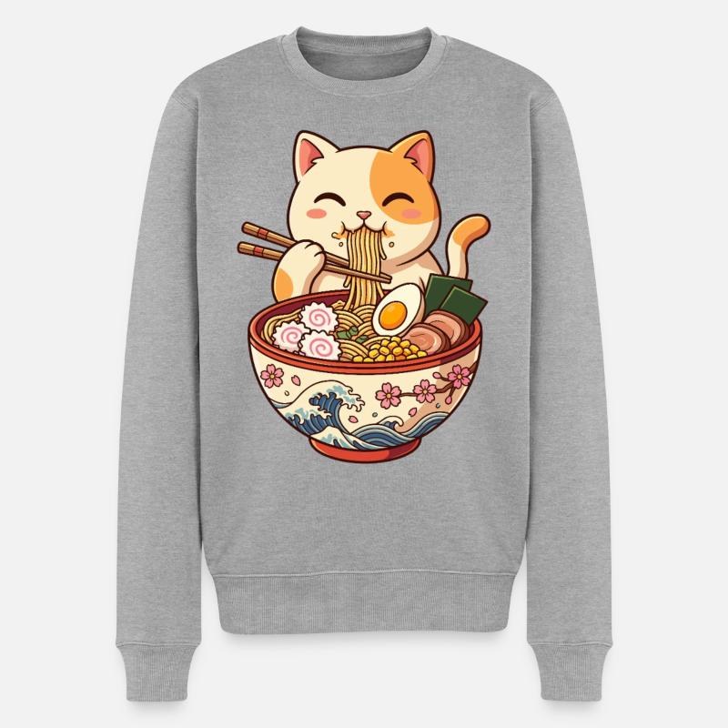 Kawaii Katzen-Ramen-Schüssel - Männer Premium Bio Pullover - Grau meliert