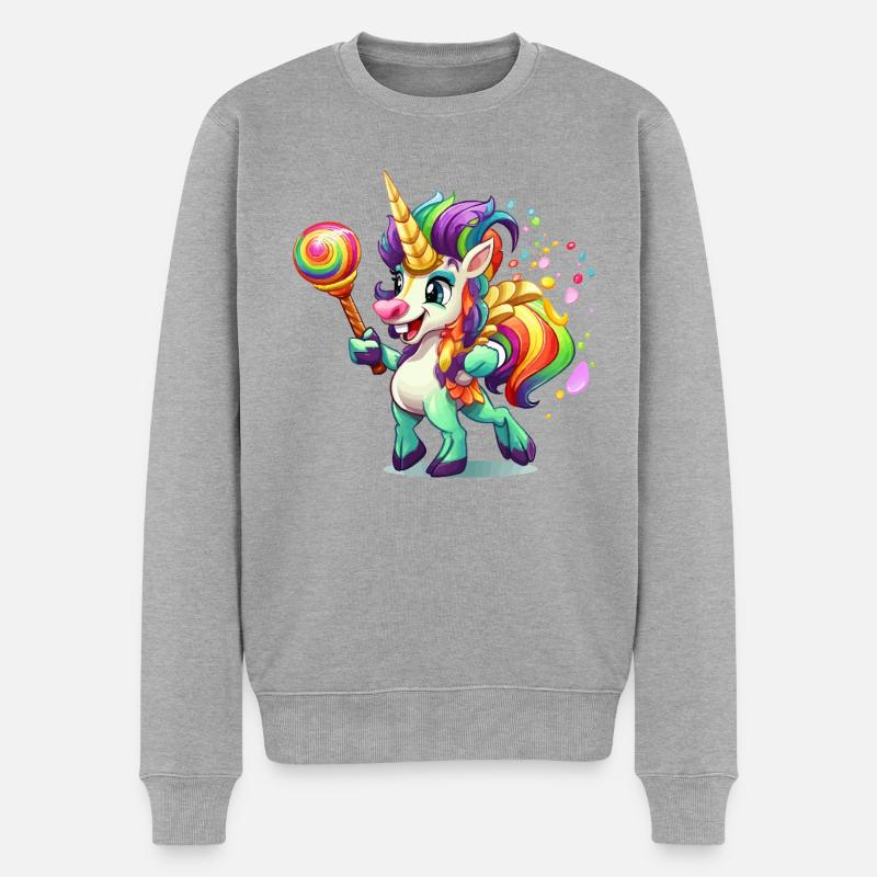 Buntes Einhorn mit Lolly - Männer Premium Bio Pullover - Grau meliert