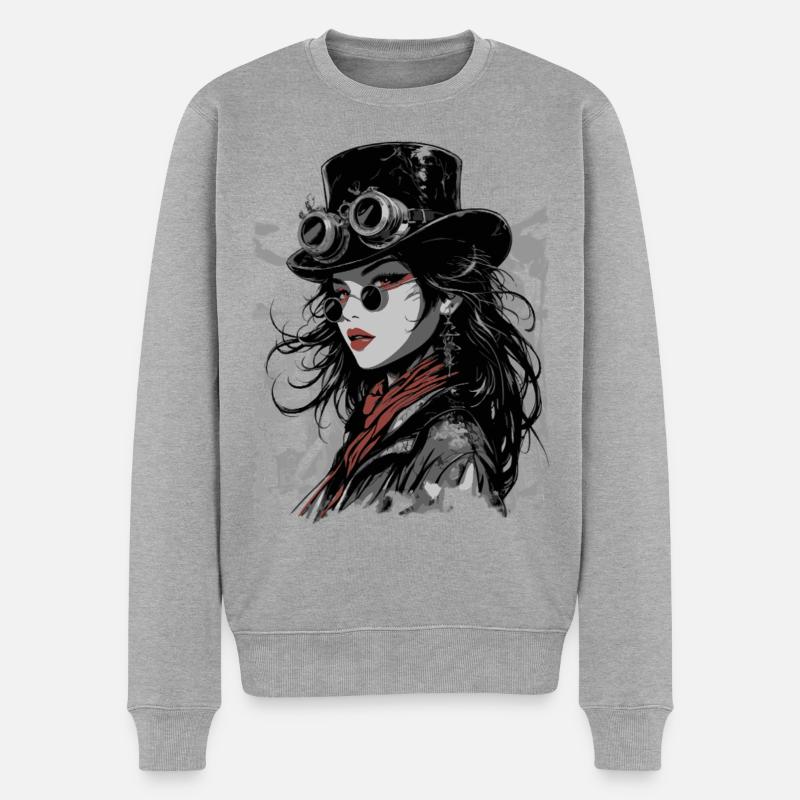 Steampunk Diva mit Goggles - Männer Premium Bio Pullover - Grau meliert