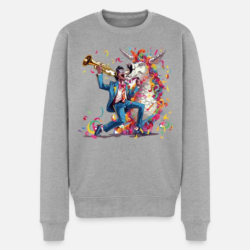 Trompeter und Regenbogen-Einhorn - Männer Premium Bio Pullover - Grau meliert