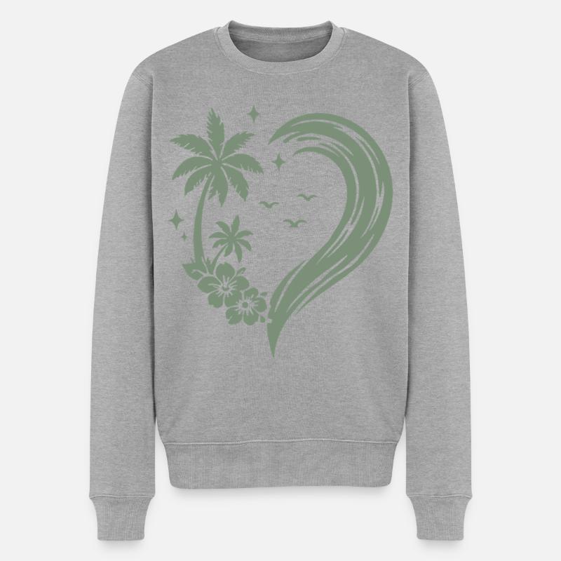 Cœur, palmier, fleurs, vague de l’océan - Pull Premium bio Homme - gris chiné
