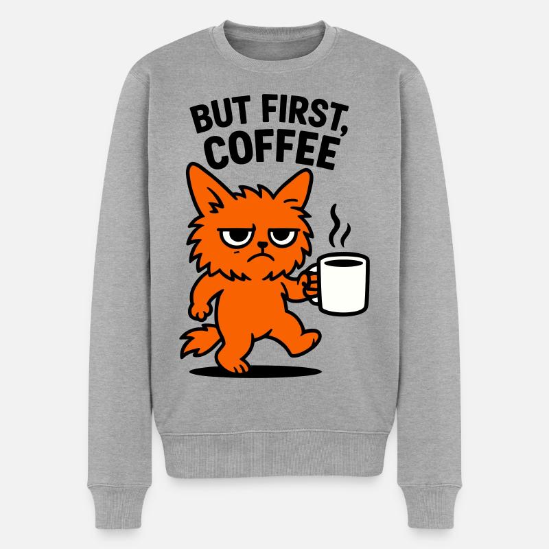 But first coffee cat - Männer Premium Bio Pullover - Grau meliert