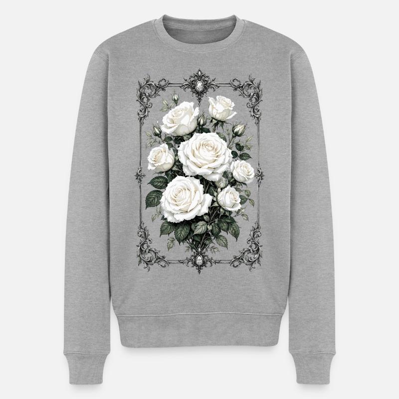 Roses, Roses blanches, Roses et Fleurs - Pull Premium bio Homme - gris chiné