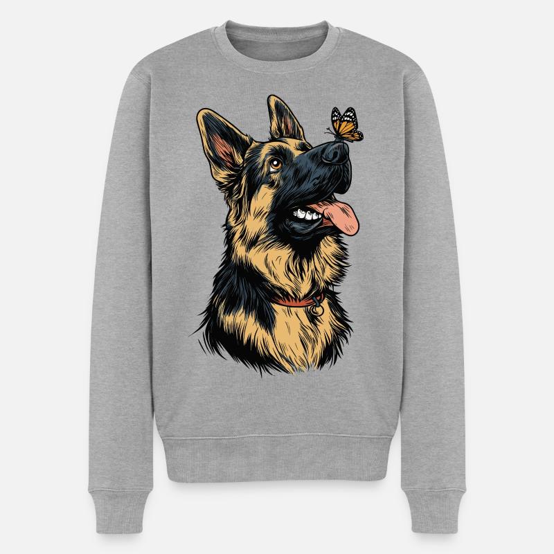 Deutscher Schäferhund und Schmetterling - Männer Premium Bio Pullover - Grau meliert