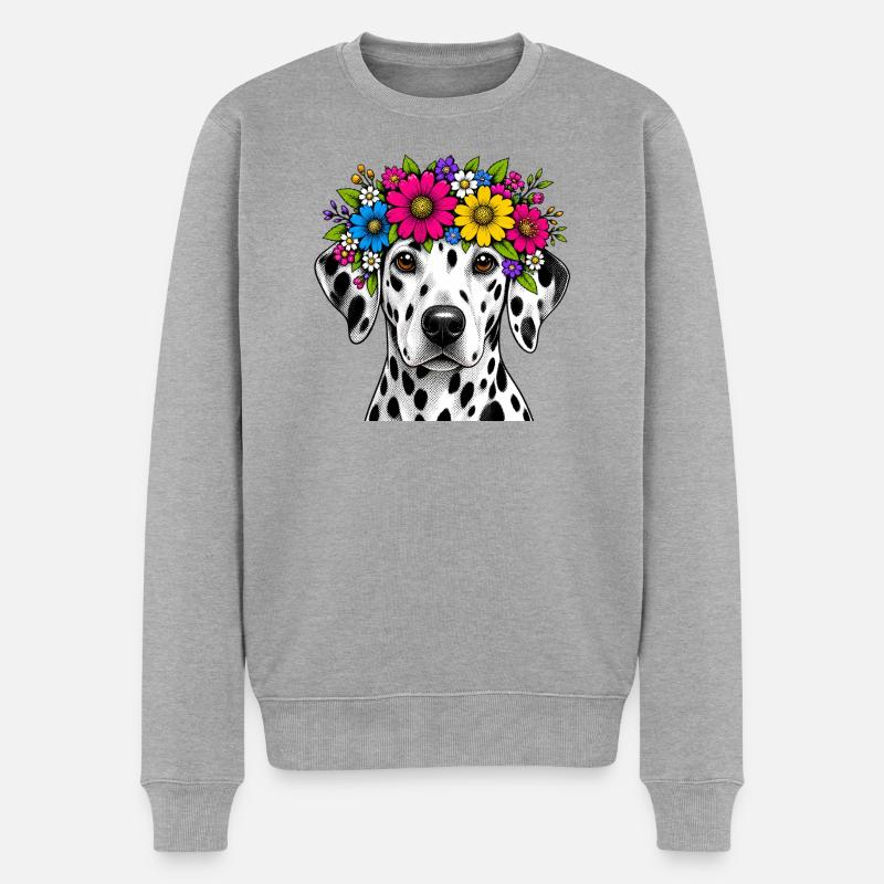Dalmatien avec une couronne de fleurs - Pull Premium bio Homme - gris chiné