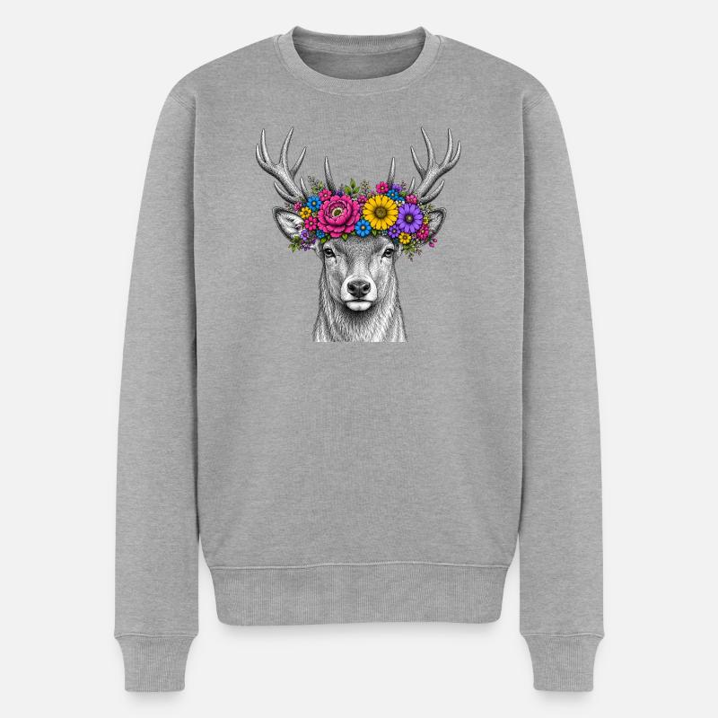 Blumenkranz Hirsch Portrait - Männer Premium Bio Pullover - Grau meliert