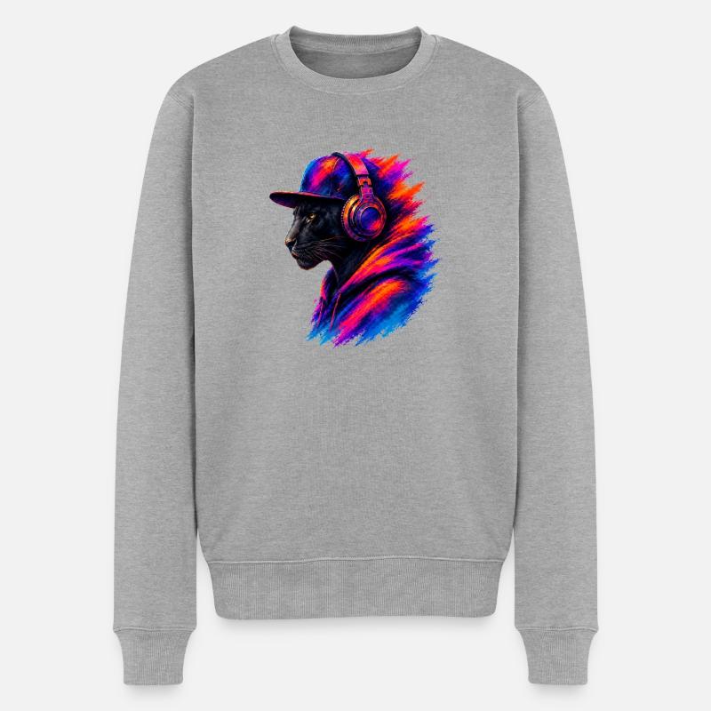 Panther mit Kopfhörern - Männer Premium Bio Pullover - Grau meliert