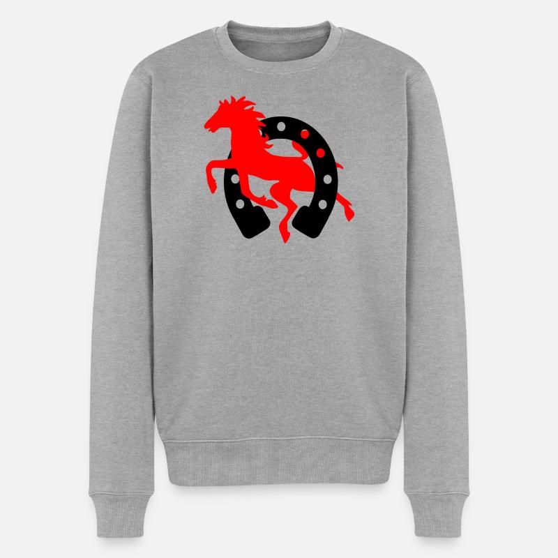 Hufeisenrot mit schwarzem Pferdelogo Reitschule - Männer Premium Bio Pullover - Grau meliert
