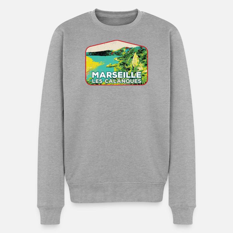 Retro-Abzeichen, Marseille Frankreich Les Calanques - Männer Premium Bio Pullover - Grau meliert