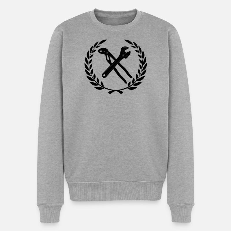 Pince à pompe à eau et clé croisée dans une couronne de laurier - Pull Premium bio Homme - gris chiné