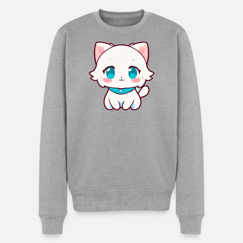 Kawaii Weiße Chibi-Katze – Süße Anime-Katze - Männer Premium Bio Pullover - Grau meliert