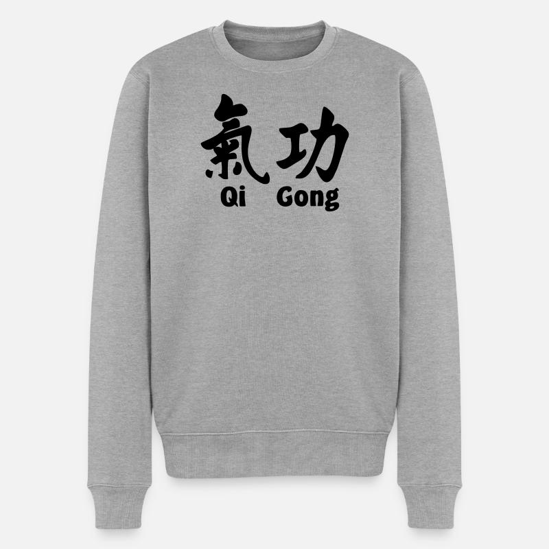QI-Gong-Skript mit Text horizontal - Männer Premium Bio Pullover - Grau meliert