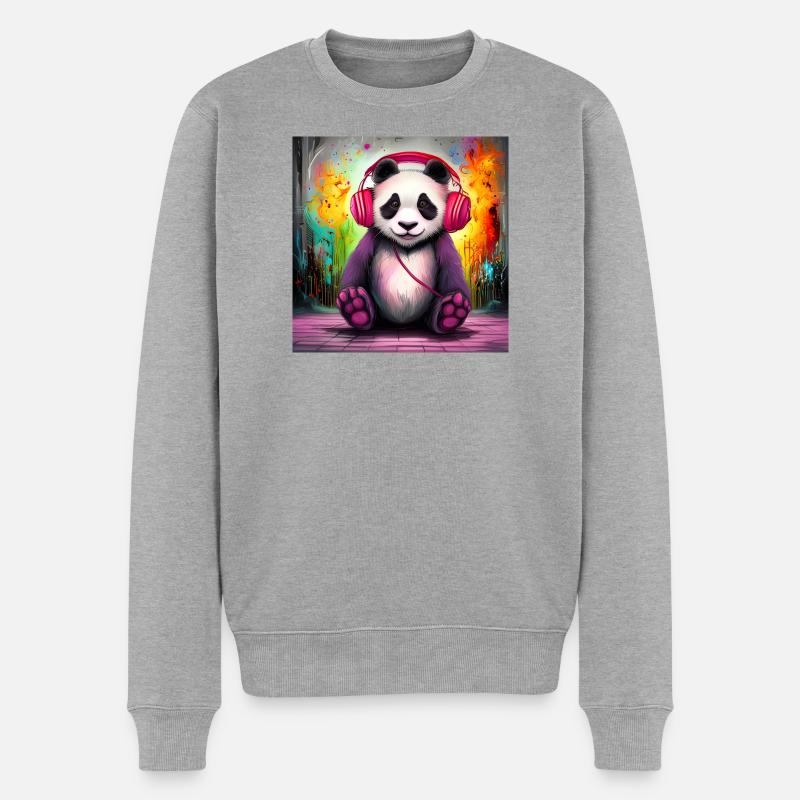 Panda DJ mit bunten Kopfhörern - Männer Premium Bio Pullover - Grau meliert