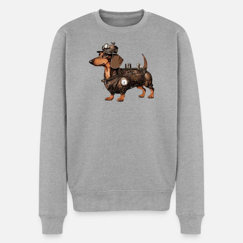 Der Steampunk Dackel | Dachshund - Männer Premium Bio Pullover - Grau meliert