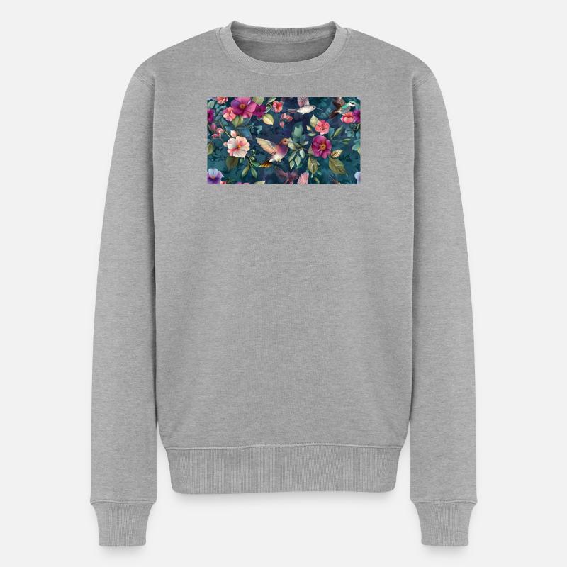 Tropische Kolibriblüten in Mitternachtsblau - Männer Premium Bio Pullover - Grau meliert