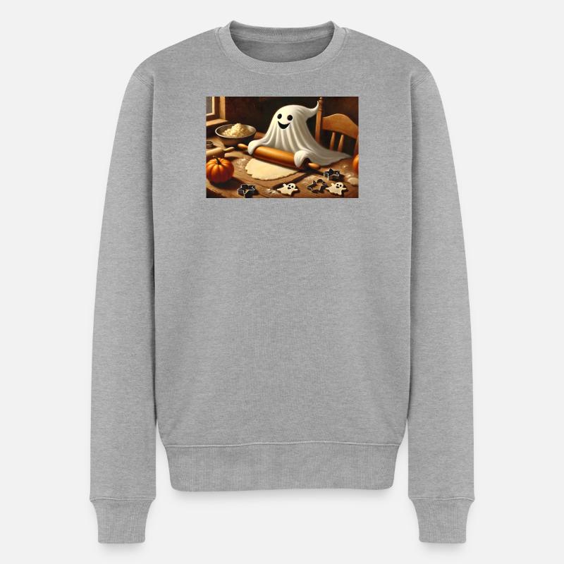 Geist beim Plätzchenbacken: Süßer Halloween Spaß - Männer Premium Bio Pullover - Grau meliert