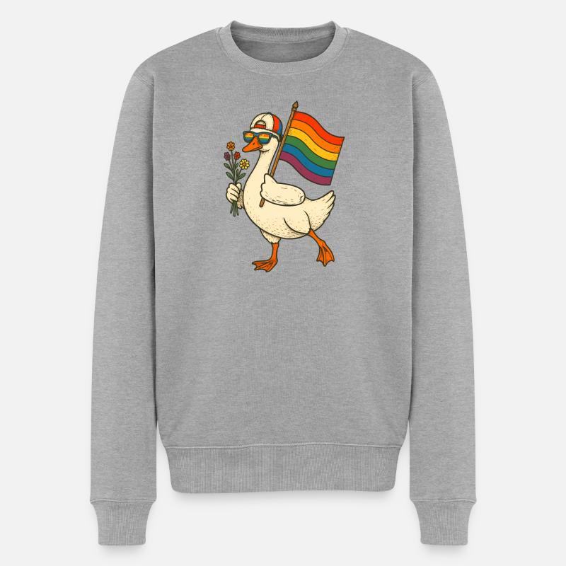 Pride-Ente mit Regenbogenflagge - Männer Premium Bio Pullover - Grau meliert