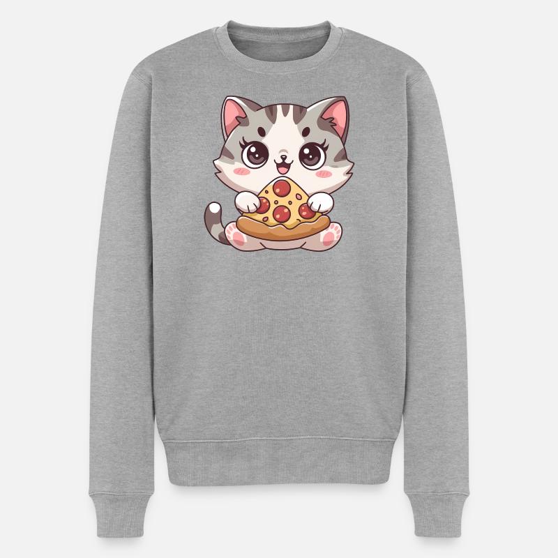 Chat mignon mangeant une pizza - Pull Premium bio Homme - gris chiné