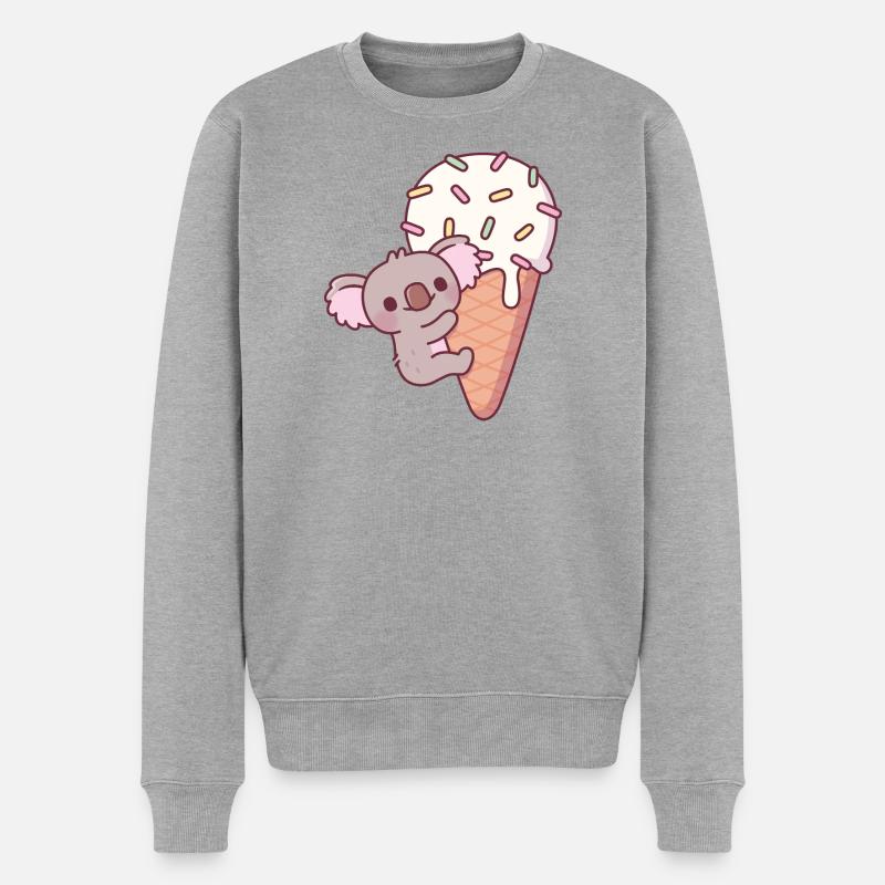 Drôle de koala s’accrochant à un cornet de crème glacée - Pull Premium bio Homme - gris chiné